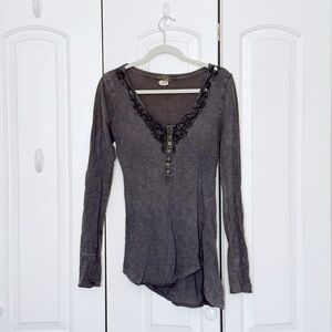 Free People Gray Lace Trim Henley